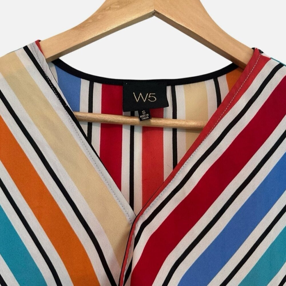 Womens Small Colorful Striped Rainbow Cap Sleeve Faux Wrap Rolled Hem Casual Top - Picture 3 of 4